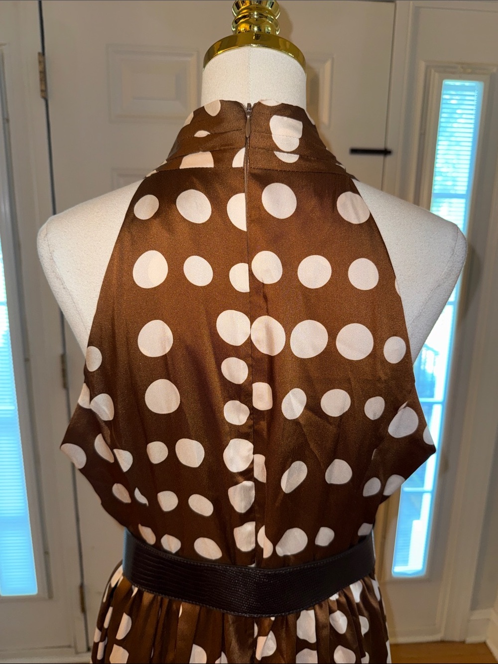 Donna Karan Brown and White Polka Dot Sleeveless Midi Dress - Picture 7 of 8